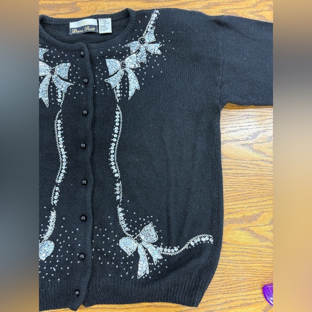 VTG Dana Scott Cardigan Christmas Sweater Black Silk Wool Angora Blend Women’s M - Picture 6 of 14